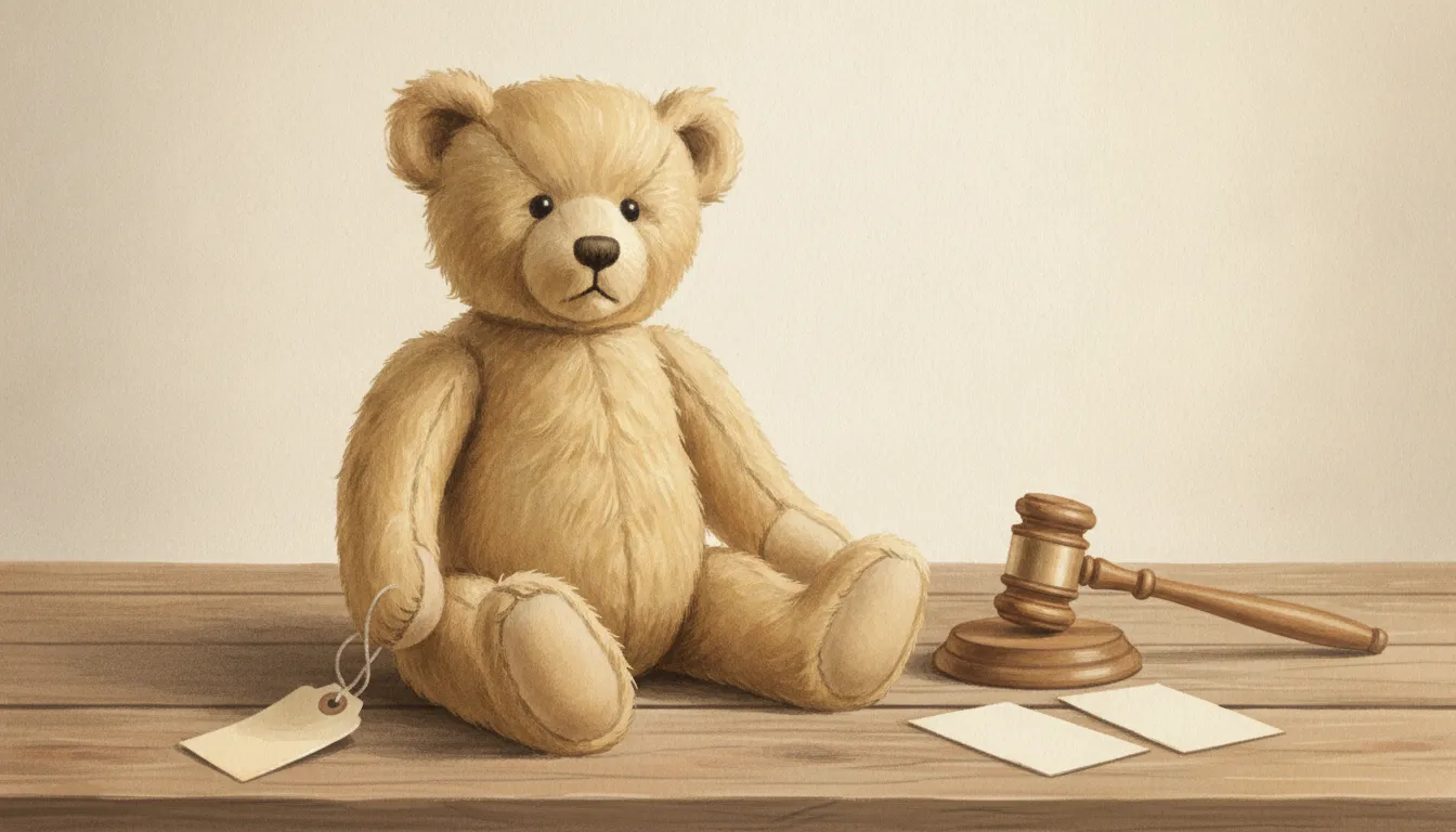 Illustration of an old jointed teddy bear with a blank paper tag, sitting beside a small wooden auction gavel and a stack of blank cards