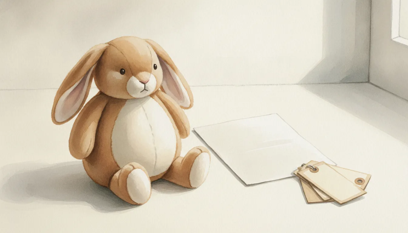 Illustration of a plain soft toy rabbit sitting beside a folded document and a stack of blank paper tags